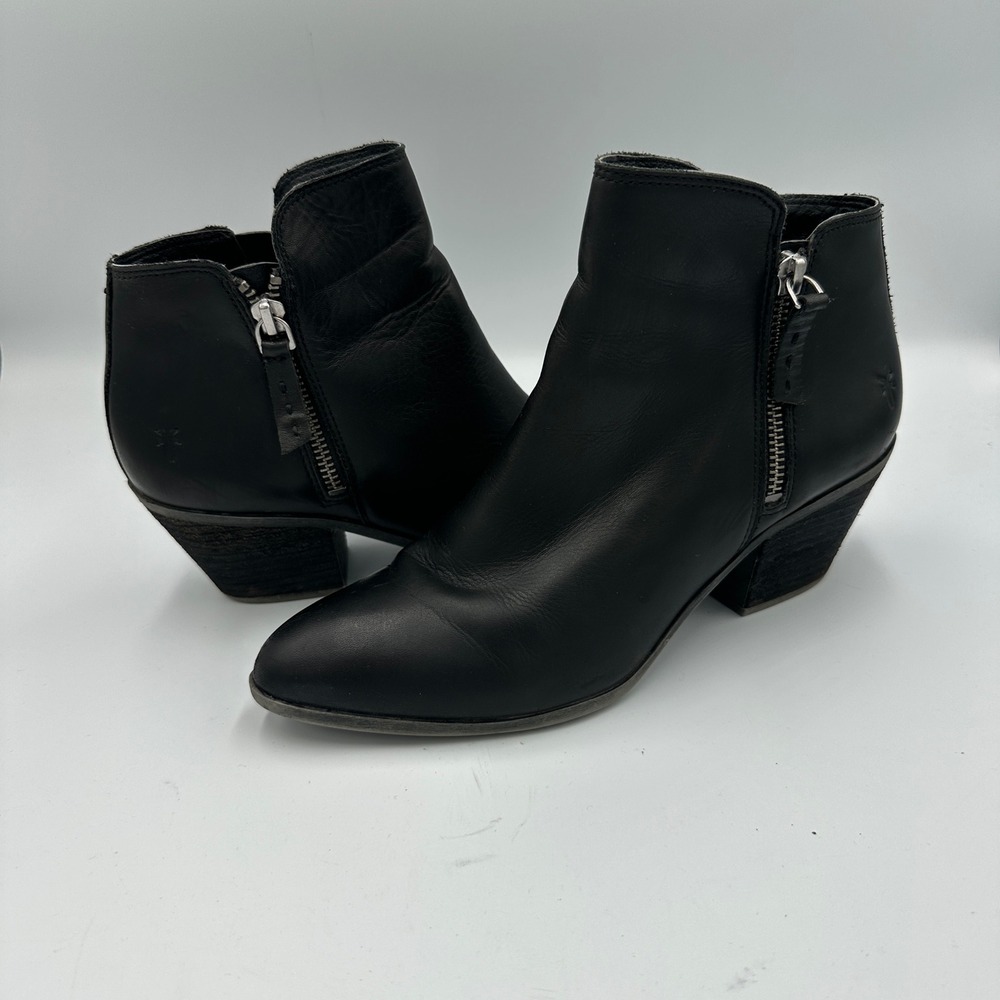 Frye Womens Black Leather Ankle Booties Pointed Toe Double Zip 7.5M 3470013-BLK